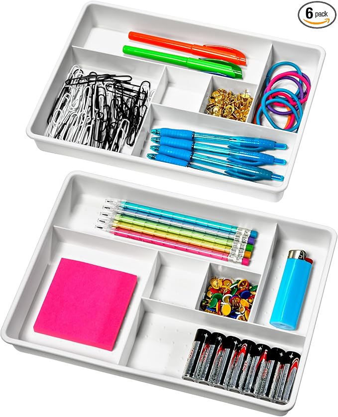 madesmart Plastic 6-Compartment Drawer Organizer Gadget Trays, Multipurpose Storage Bins for Drawers, White Set of 2 (Pack of 6)