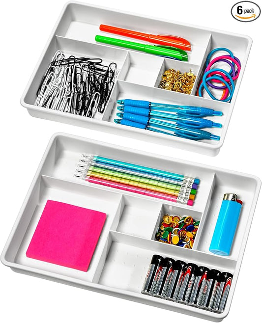 madesmart Plastic 6-Compartment Drawer Organizer Gadget Trays, Multipurpose Storage Bins for Drawers, White Set of 2 (Pack of 6)