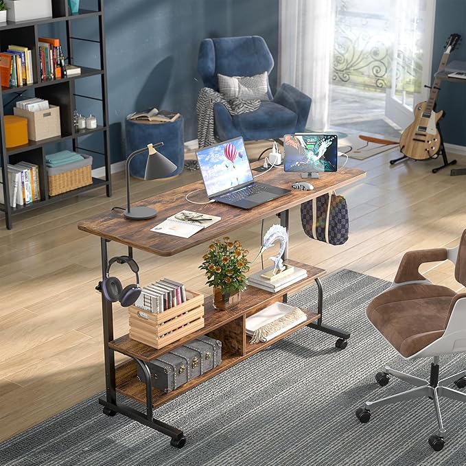 Armocity Rolling Standing Desk with Charging Station, Portable Height Adjustable Mobile Computer Desk with Wheels & 2-Tier Shelves & Hooks, Easy Assembly Laptop Table for Couch Bed, 47" Rustic Brown