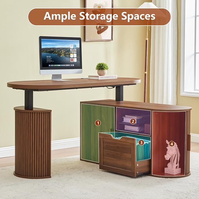 55" L Shaped Standing Desk with Storage, Oval Electric Desk Height Adjustable Executive Desk with File Drawer, Fluted Wood Desk Office Sit Stand up Desk for Work, Study, Writing, Walnut