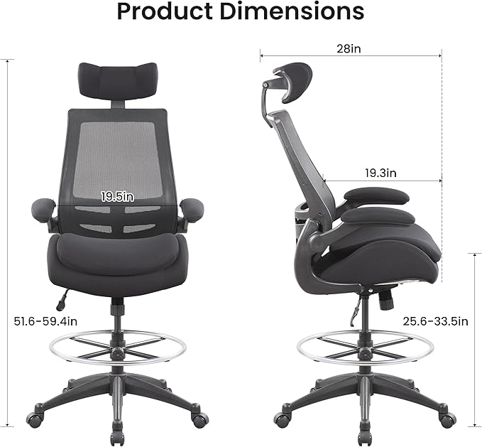 BOLISS Big and Tall Drafting Chair 400lbs - High Back Ergonomic Office Chair for Standing Desk with Double Thick Seat Cushion, Adjustable Foot Ring, Lumbar Support & Flip Up Armrests (Black)