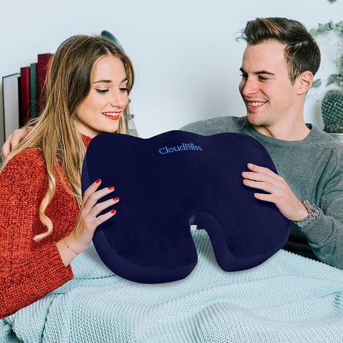 CloudBliss Gel Memory Foam Seat Cushion for Long Sitting, Large, Blue | Gel Chair Pad for Tailbone, Coccyx, Sciatica , Soft Suede Cover, Non-Slip , Washable Mesh, for office, home, car