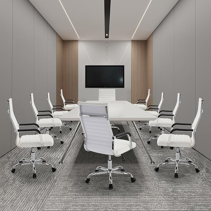Office Chair, Ergonomic Executive Conference Room Chairs, Ribbed Leather Desk Chair with Lumbar Support, Adjustable Height Mid-Back Swivel Chair with Padded Seat
