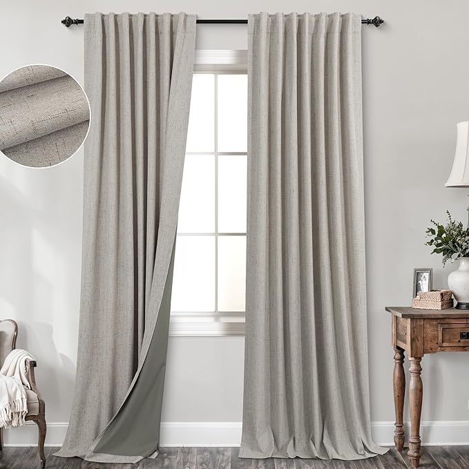 KOUFALL 52x105 Inch Length Taupe Back Tab Linen Blackout Curtains