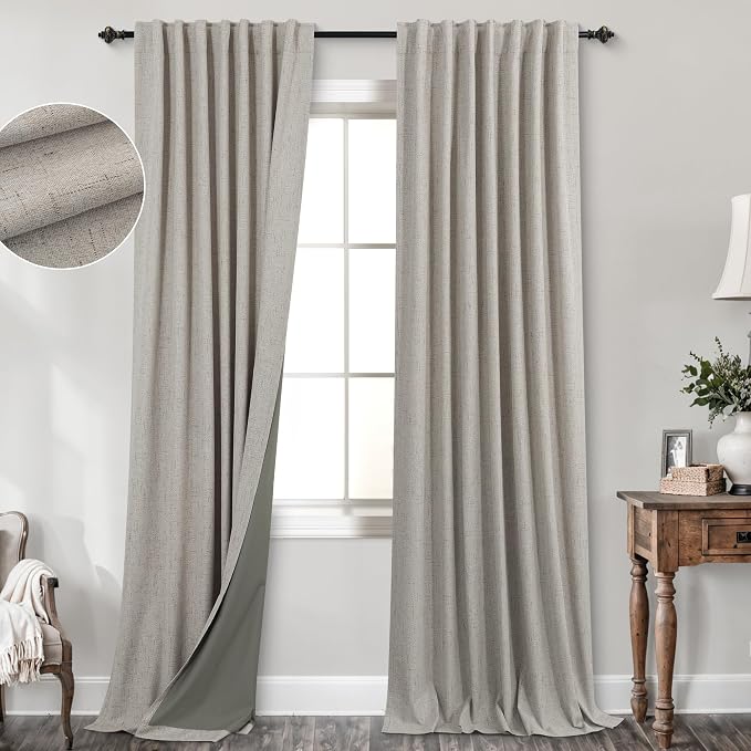 KOUFALL Taupe Black Out Curtains 102 Inch Long Curtains 2 Panels Set, Linen Boho Vintage Farmhouse Curtain for Living Room, Thermal Insulated Curtains for Bedroom