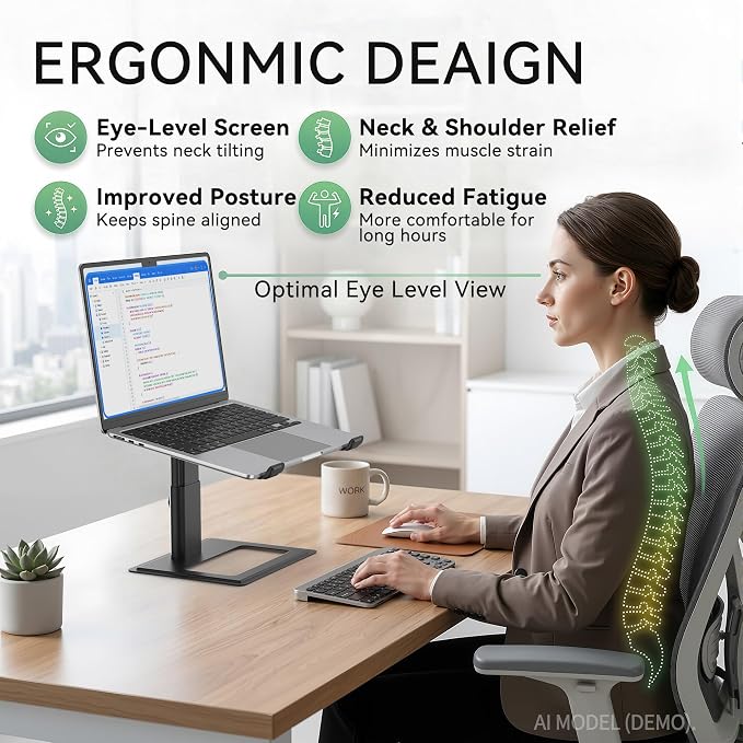 SOUNDANCE Adjustable Laptop Stand, Ergonomic Aluminum Riser for 10-17.3” Notebooks, Ventilated Metal Holder with Height Alignment for Desk Workspace, Black