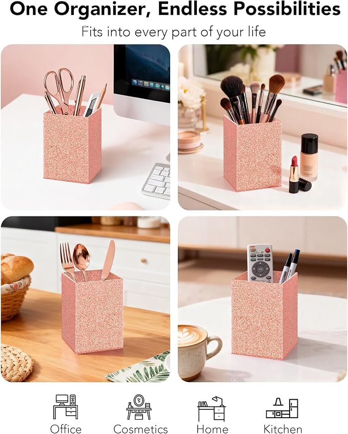 Acrylic Pen Holder Desk Organizer for Office, Light Pink Glitter | Sparkling glitter acrylic makeup brush and pencil holder for desk, Modern desktop organizer for home, school and office