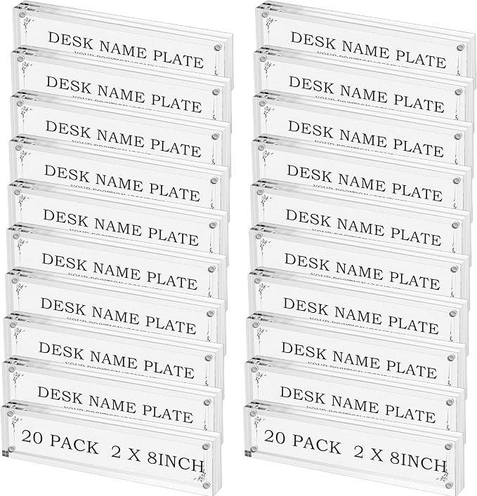 Geetery 20 Pcs Acrylic Office Desk Name Plate Personalized Clear Acrylic Block Double Sided Table Name Plate Holder Business Magnet Frame DIY Desktop Holder Accessories Decor (2" X 8")