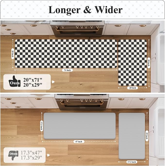 KIMODE Kitchen Mats Cushioned Anti Fatigue,Black and White Rugs for Kitchen | Padded Kitchen Floor Mats Non Slip, Farmhouse Plaid Home Decor, Laundry Room Rugs for Bath Sink Apartment RV 20"x71"+20"x32"