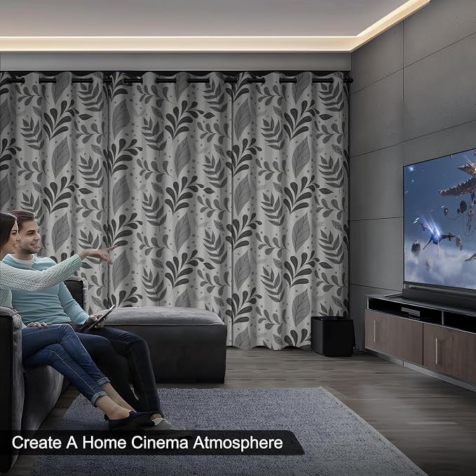 Blackout Curtains for Bedroom and Living Room, Grey Leaves Patterned Grommet Thermal Insulated Room Darkening Bedroom Curtains 2 Panels Set, Light Filtering Soundproof Black Out Curtains 84 Inch Long
