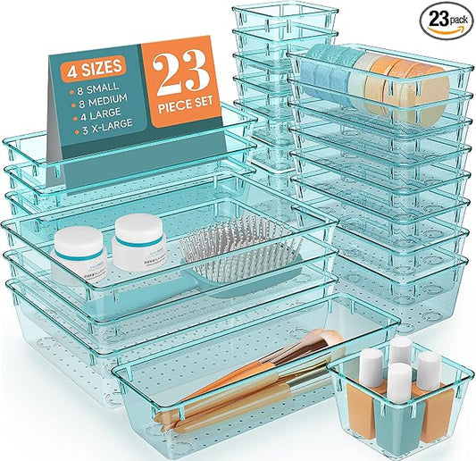 StorMiracle 23 PCS Clear Plastic Drawer Organizers Set, 4 Size Desk Drawer Organizer Trays for Makeup, Jewelry, Kitchen Utensils, Gadgets and Office Accessories, Sea Blue