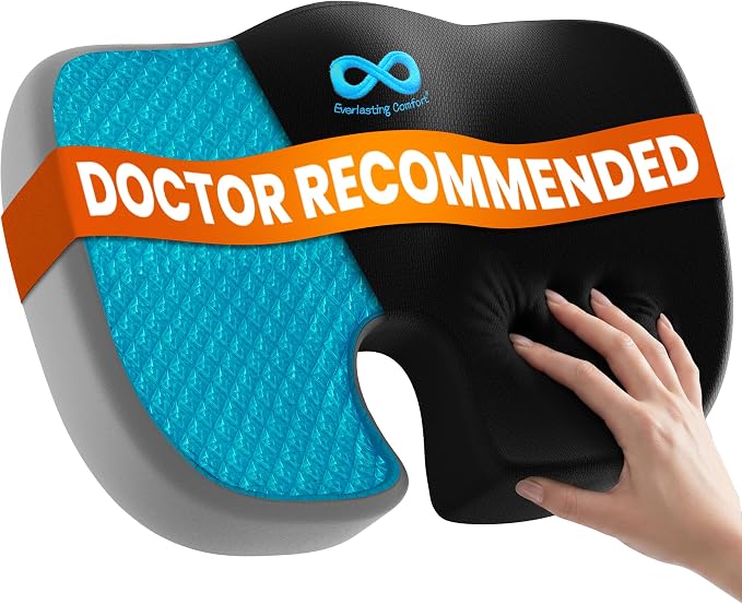 Everlasting Comfort Doctor Recommended Memory Foam Seat Cushion for Office Chairs & Car - Ergonomic Office Desk Accessories - Cushions for Tailbone Pain Relief, Sciatica (Black Cool, Large)