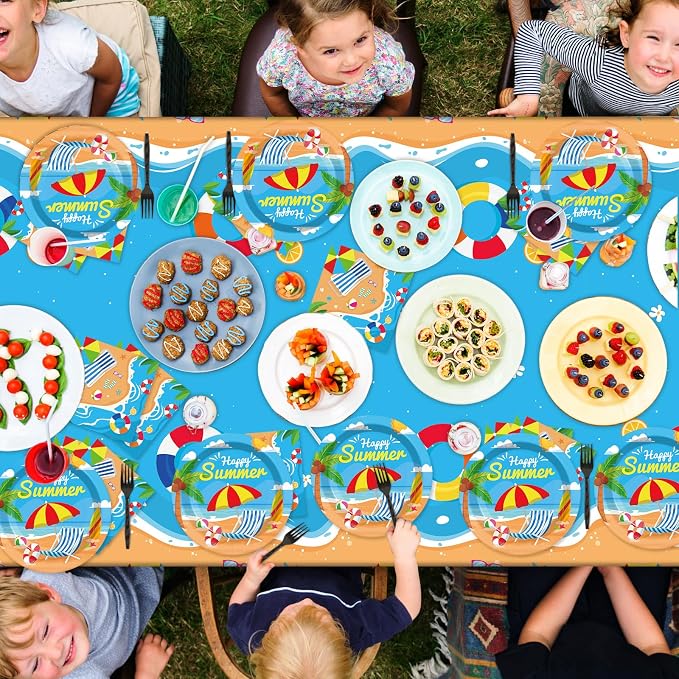 Summer Party Supplies Serves 24 Beach Luau Party Paper Plates Napkins Hawaiian Tablecloth Set Tableware Kit for Pool Party Birthday Tropical Dinner