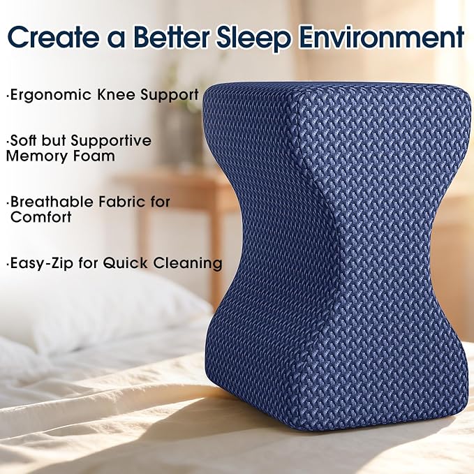 BlissTrends Memory Foam Knee Pillow, Knee Pillow for Side Sleepers, Leg Pillows for Sleeping Blood Circulation, Elevation Pillow for Spine Aligning, Sciatica, Back, Hip, Knee, Ankle Pain, Blue