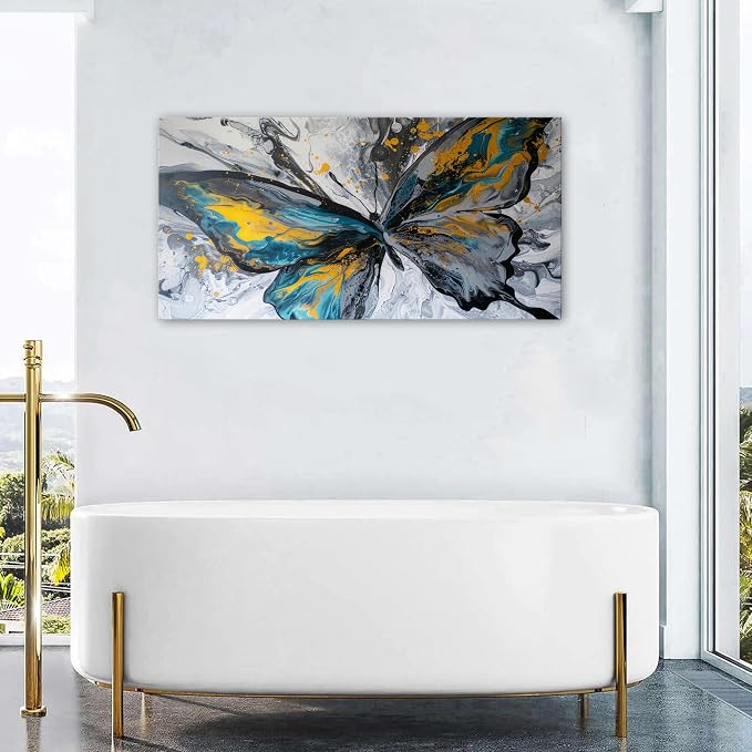 Abstract Butterfly Wall Art Teal Grey Yellow Butterfly Wall Decor Modern Marble Textured Canvas Poster Luxury Fluid Pictures Watercolor Neutral Artwork for Living Room Bedroom Home Decoration 24x48"