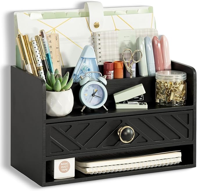 dreampossible Black Wood Desk Organizer and Accessories with Drawer, Bill Mail Organizer and File Mail Holder for Office Supplies, Desk Accessories & Workspace Organizers for Desk Organization