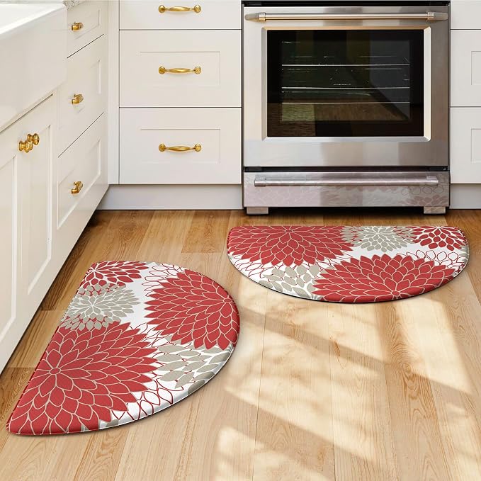 KIMODE Half Circle Kitchen Mats for Floor Cushioned Anti Fatigue 2PCS Semi | 28"x18"+28"x18",Half Round,Red,Boho Kitchen Rug Sets of 2,Non Slip,Waterproof,Padded Kitchen Carpet Decor for Sink Laundry