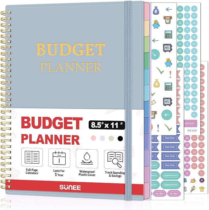 SUNEE Budget Planner - Monthly Budget Book with Expense Tracker Notebook, A4(8.5" x 11") Undated 12 Month Bill Organizer & Finance Planner to Manage Your Money, Account Book with Colorful Tab, Blue