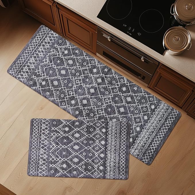 FRESHMINT Moroccan Kitchen Mat Set 2 Piece, 17x30''+17x47'', Black | Anti-Fatigue, Non Slip, Comfort, Kitchen Decor, Easy to Clean, Waterproof, Perfect for Kitchen, Laundry, Office