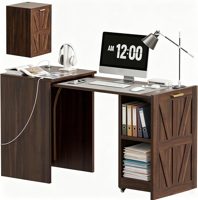 Foldable Desk with Charging Station, Rolling Home Office Desk with Storage Shelf, Pull-Out Computer Table for Small Spaces, Bedrooms, Apartments, and Dorms, Walnut