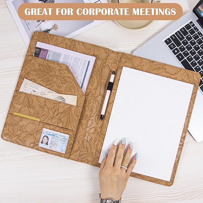 AZXCG Embossed Padfolio Portfolio Binder,Interview Resume Folder with Business Card Holder,Portfolio Folder with Document Organizer,A4 Legal Pad Holder for Men &Women