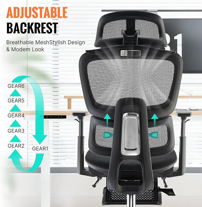 Ergonomic Office Chair, Home Mesh Desk Computer Chair, Comfortable Gaming Chair with Footrest, Wheels, Adjustable 2D Headrest, Lumbar Support, High Back and 3D Armrest, Black
