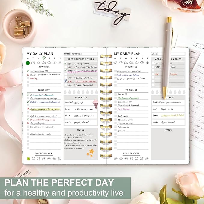 Daily Planner Undated - 6.5"x8.5" To Do List Notebook Spiral Appointment Planner to Organize Tasks & Boost Productivity, Perfect Office & School Supplies for Women & Men, Greenery