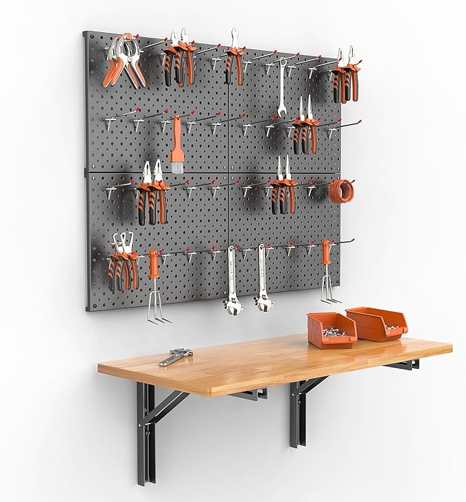 TORACK Heavy Duty Wall Mounted Folding Workbench with Pegboard Kit, Space-Saving Collapsible Wall Table/Desk for Garage Workshop, Holds Up to 150 lbs(Board Size: 31.5 x 15.75 in)