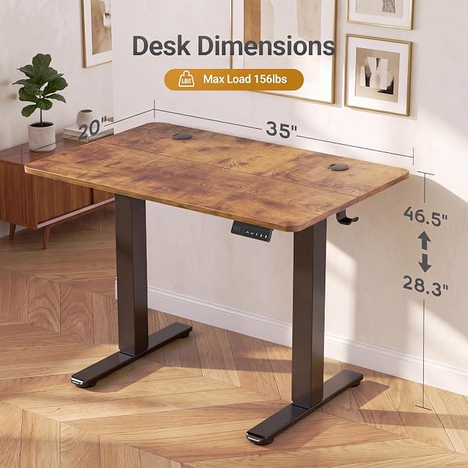 Claiks Electric Standing Desk 35x20 Inch Adjustable Desk, Rustic Brown | 156lbs weight capacity, 3 memory presets, industrial steel frame, cable management hub, adjustable height , easy assembly