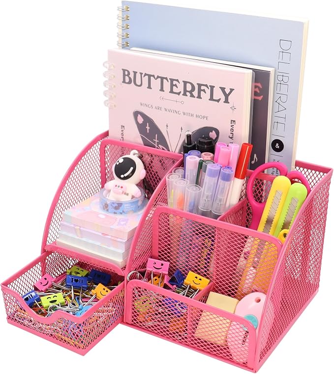 Boutilon Mesh Desk Organizer Desktop Office Supplies Stationary Organizer with 6 Compartments and 1 Drawer Multi-Functional Caddy Pen Holder for Home Office School Desk Decor(Rose Red)