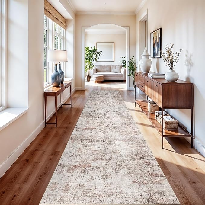 RUUGME Washable Hallway 3x25 Rug - Abstract Runner Rugs for Living Room Non Slip Indoor Entryway Carpet for Bedroom Kitchen Soft Low Pile Stain Resistant Floor Decor Mat 3x25 Brick/Brown/Beige