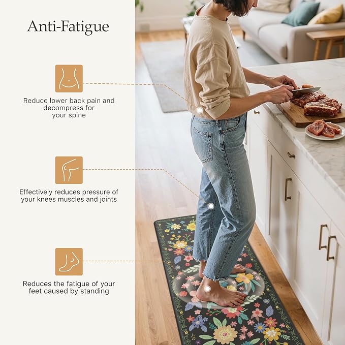 GENIMO Anti Fatigue Kitchen Mats for Floor 2PCS, Cushioned Standing Mats | 17.3"x59"&17.3"x30", Black vintage floral rug set, waterproof, non slip, easy-clean for farmhouse