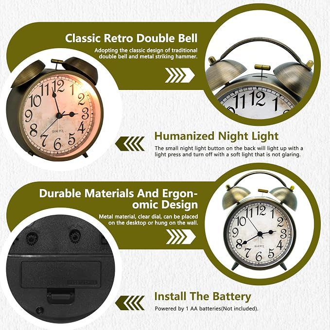 Vintage Twin Bell Alarm Clock - 4.5'' Non-Ticking Analog Desk Clock | Silent Antique Brass Finish, Retro Table Clock for Bedroom Office Home Decor, Battery Operated Loud Alarm for Heavy Sleepers