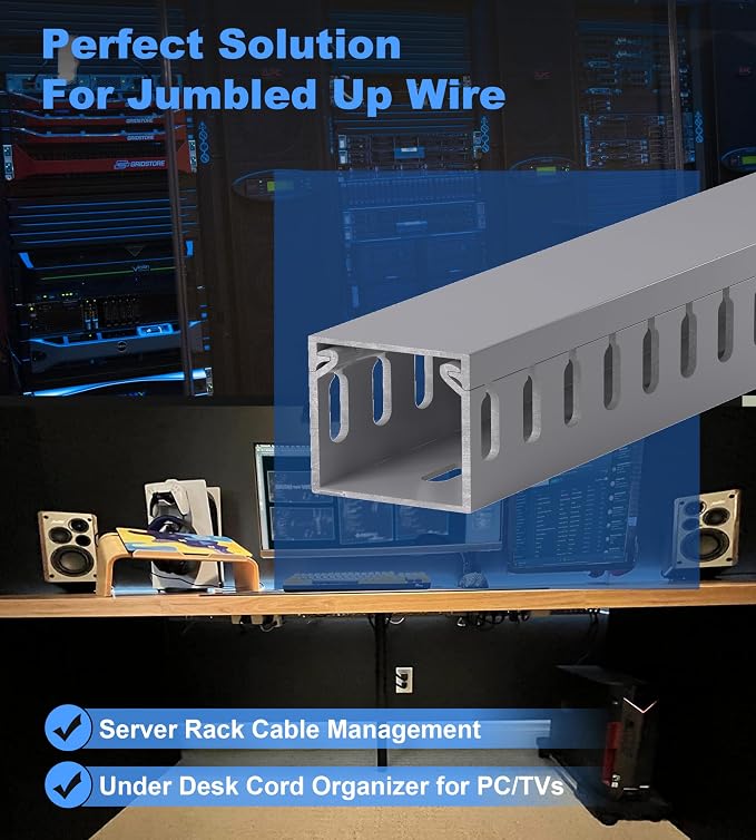 1.4"H x 1.6"W Cable Raceway, 99in Under Desk Wire Management Channel, Grey | Slotted Wire Duct, 6Pack, 16.5in Each, Heavy-Duty PVC Cable Management for Server Racks, Network Cables & Electrical Cabinets