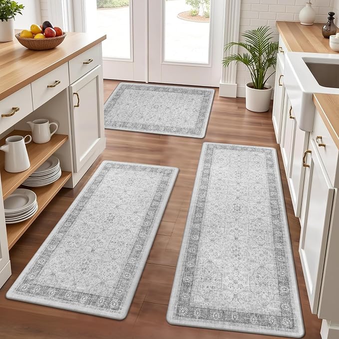Pauwer Anti Fatigue Kitchen Floor Mats Set of 3, Cushioned Rugs, Light Grey | Non Slip Comfort Standing Mat, PVC Foam Padded Kitchen Rugs, Waterproof Sink Rug for Small Kitchen Area, Laundry Room