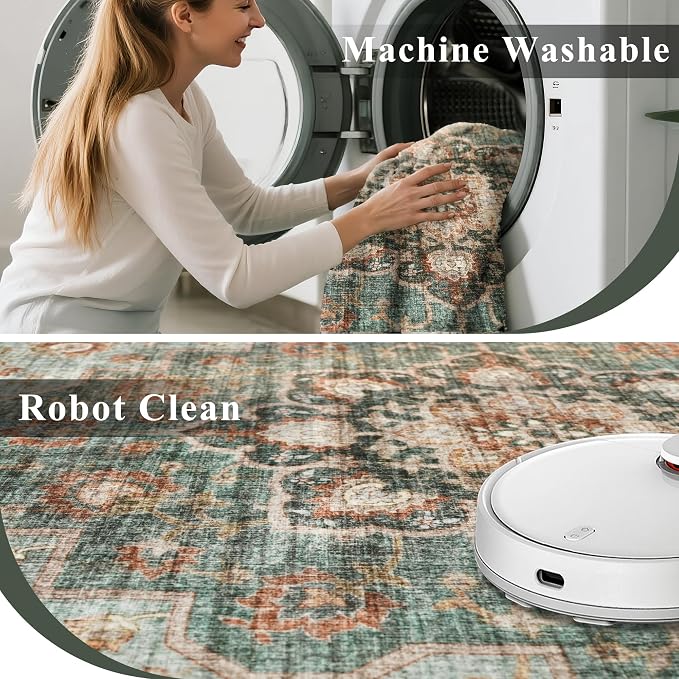 TOPRUUG Washable Oriental Area Rug - 5ft Round Rugs for Living Room Soft Carpet for Bedroom Waterproof Floral Distressed Indoor Stain Resistant Non-Shedding Floor Carpets (Green, 5ft-Round)