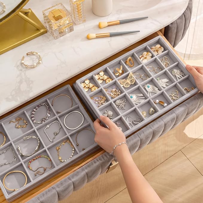 Jewelry Trays for Drawer,Set of 2 Jewelry Organizer and Storage | Velvet Material,Stackable,Adjustable Dividers,Drawer Inserts for Rings Studs Bracelet,Earring Organizer for Women Girls