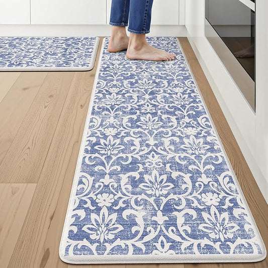 LEEVAN Anti Fatigue Mats for Kitchen Floor Sets of 2, Vintage Distressed Blue Cushioned Kitchen Mat for Laundry,Non Slip Memory Foam Standing Mat for Home, Office, Desk,Sink(17.3"x29"+17.3"x59")