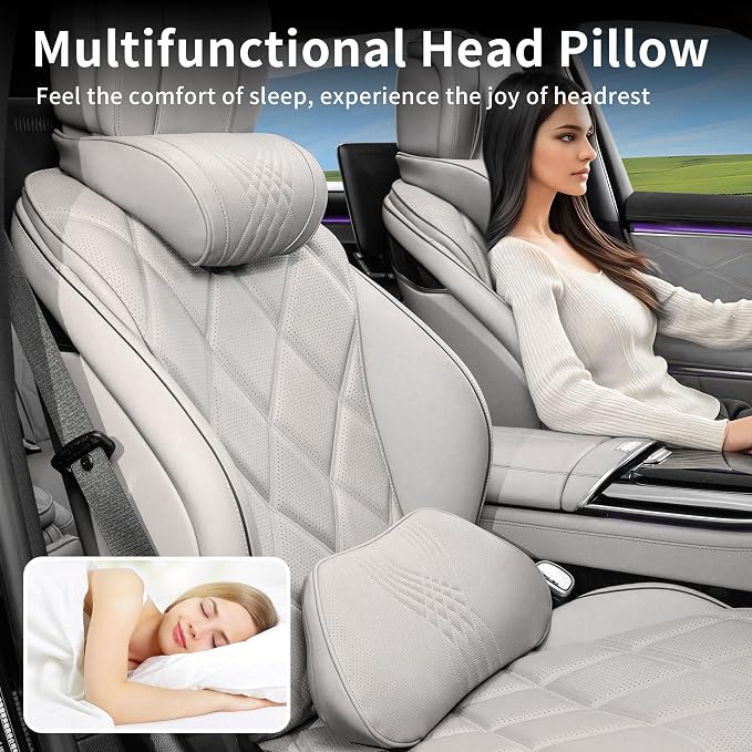Lumbar Support Pillow for Car Seat, Office Chair, Off-White, 1PC | Leather Lumbar Pillow Memory Foam Lower Back Cushion for Back Pain Relief Improve Posture, Ergonomic Back Rest Gaming Chair