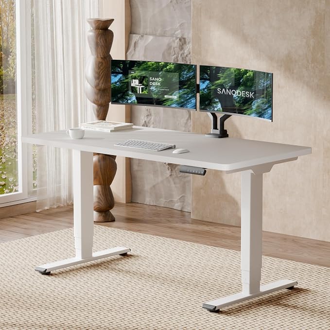 SANODESK Dual Motor Standing Desk 220lbs Height Adjustable Desk | 55"x28" Spacious One-Piece White Desktop & White Frame, 4 Memory Presets, 3-Stage Legs, 220lbs, 2-Box for Home & Office