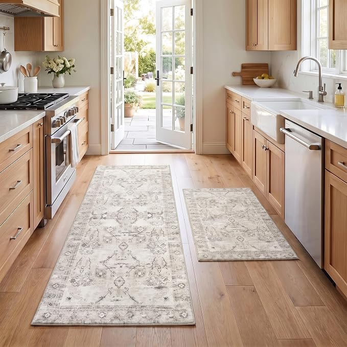 GRANNY SAYS Boho Kitchen Rug Sets of 2, Non Slip Washable Faux Wool Kitchen Mats for Floor, Thick Soft Anti-Fatigue Comfort Standing Mat Runner Rugs for Hallway Laundry Room, Beige