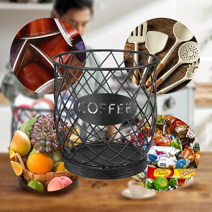 YINMIT K Cup Holder Organizer, Sturdy Coffee Pod Holder Organizer, 35 Kcup Large Capacity Storage Basket for Kitchen Counter and Office Desktop (Black-Circular)