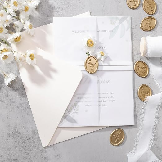 UNIQOOO Wax Seal Stickers - 3D Flower Oval Shape Wedding Invitation Envelope Seal Stickers, 50 Pcs Self- Adhesive Prosecco Metallic Light Gold Sticker, Perfect for Invitation, Christmas, Gift