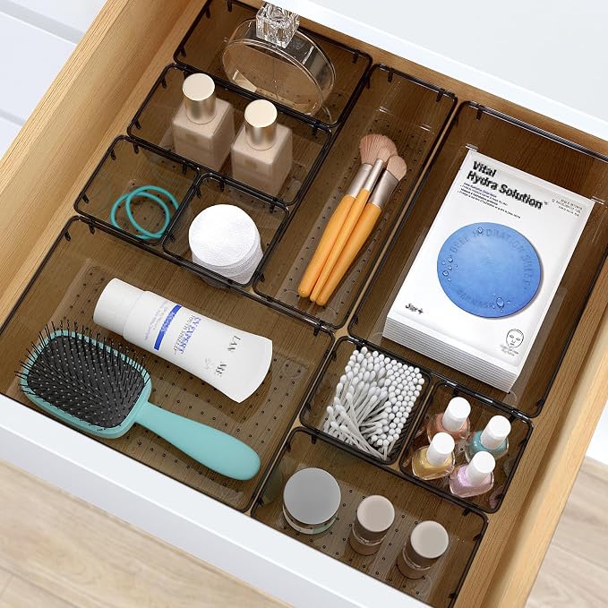 StorMiracle 23 PCS Clear Plastic Drawer Organizers Set, 4 Size Desk Drawer Organizer Trays for Makeup, Jewelry, Kitchen Utensils, Gadgets and Office Accessories, Black