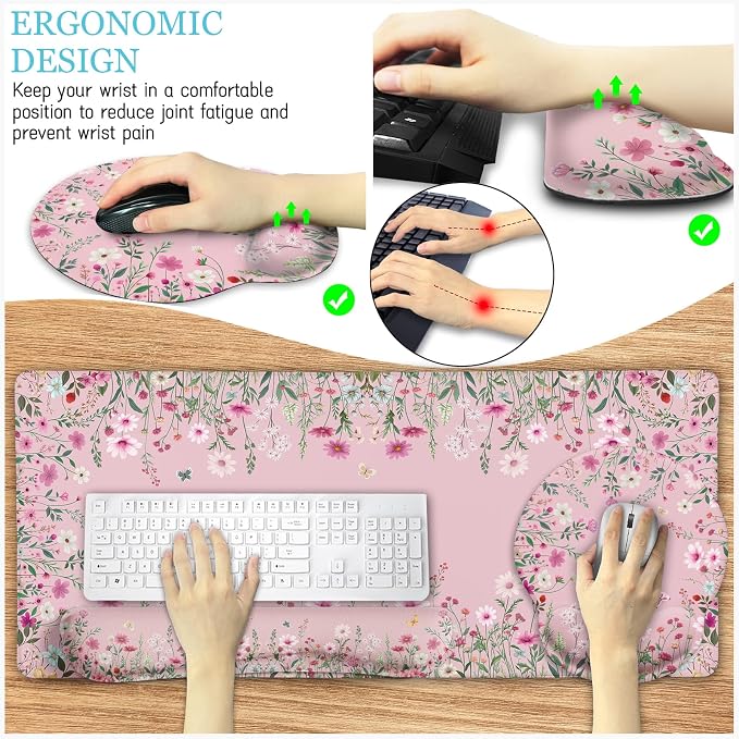 LIMKRIAN Pink Floral Mouse Pad Set, Large Desk Mat for Desktop, Ergonomic Mouse Pad with Wrist Rest for Gaming, Keyboard Mat Wrist Support & Cup Coaster, Cute Home Office Desk Accessories for Women