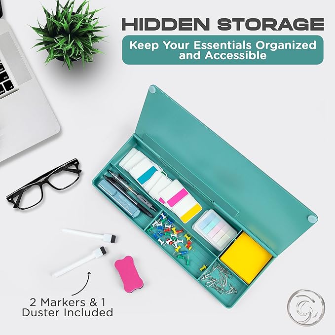 Glass Desktop Whiteboard for Quick Notes & Reminder – Desk Storage with Drawer – Compact Desk Organizer Whiteboard – Small Dry Erase Board - Desktop Accessories for Home Office (Turquoise)
