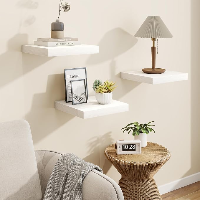 Marsmiles Square Floating Shelves for Wall, 8" W x 8" D x 1.25" H, 3 Pack Small Wall Mounted Engineered Wood Shelves with Invisible Brackets for Living Room, Bedroom, Bathroom, Kitchen Decor, White