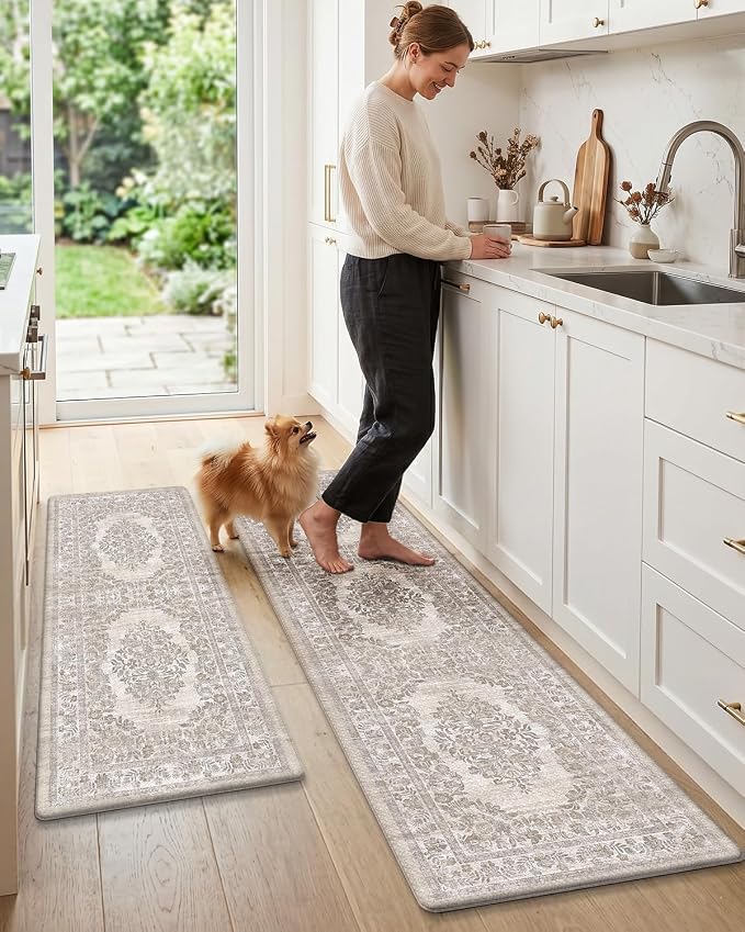 Color&Geometry Kitchen Mat 2PCs-24x59+24x87 Vintage Anti Fatigue, Khaki | 0.4in Cushion Standing Mat For Cooking/Working/Laundry, Boho Decor, Non Slip PVC Kitchen Rug, Oil/Water Proof, Anti Slip