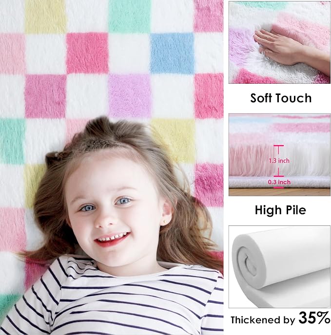 KICMOR Pink Rainbow Checkered Rug for Living Room 5x7, Fluffy Soft Colorful Area Rug Fuzzy Shag Shaggy Bedroom Carpet, Cute Indoor Plush Rugs for Teen Kids Girls Dorm Nursery Home Decor Aesthetic