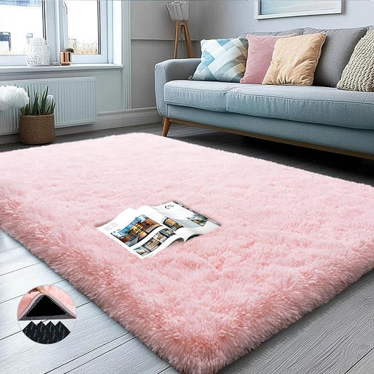 Pink Area Rug for Bedroom, 3x5 Rugs for Living Room Nursery Kids Room Dorm Home Decor Aesthetic, Fluffy Shaggy Rug with 4 Anti-Slip Carpet Tapes